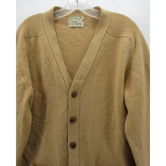 VINTAGE LL Bean Sweater Large 80s Lambswool Camel Leather Cardigan USA - Picture 2 of 14
